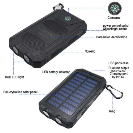 Solar Charger 20.000mAh met Zaklamp - Externe Powerbank Zonnepaneel Noodaccu Batterij Oplader Zon Wit