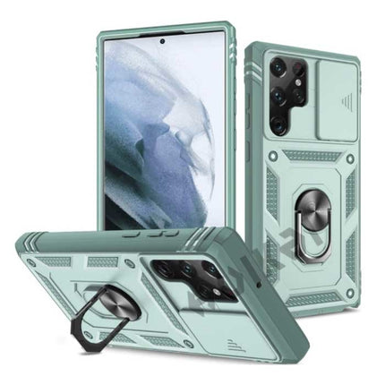 Samsung Galaxy S22 Ultra - Armor Kaarthouder Hoesje met Kickstand en Camera Bescherming - Pop Grip  Heavy Duty Cover Case Groen