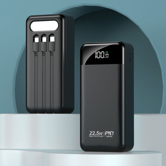 100.000mAh Powerbank met 4 Oplaadpoorten en 3 Kabels - 22.5W Power Delivery - Ingebouwde Zaklamp - Externe Accu Batterij Oplader Zwart