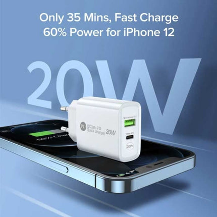 Dual Port Stekkerlader - PD / Quick Charge 3.0 - 20W Power Delivery USB Fast Charge - Oplader Muur Wallcharger AC Thuislader Adapter Zwart
