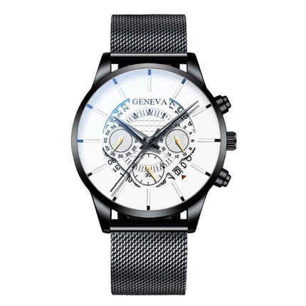 Klassiek Horloge voor Heren - Kwarts Stalen Riem Luxe Uurwerk Kalender Zakelijk Zwart Wit