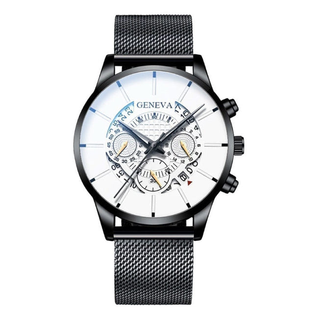 Klassiek Horloge voor Heren - Kwarts Stalen Riem Luxe Uurwerk Kalender Zakelijk Zwart Wit