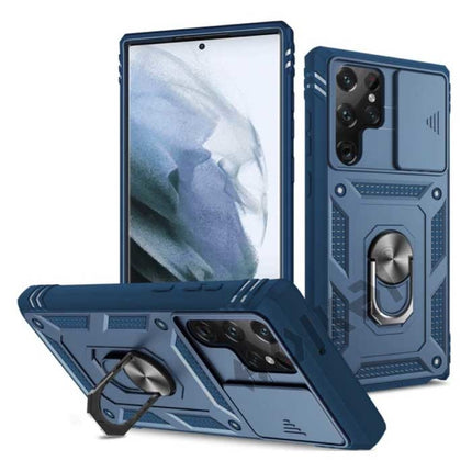 Samsung Galaxy A52 4G - Armor Kaarthouder Hoesje met Kickstand en Camera Bescherming - Pop Grip  Heavy Duty Cover Case Blauw