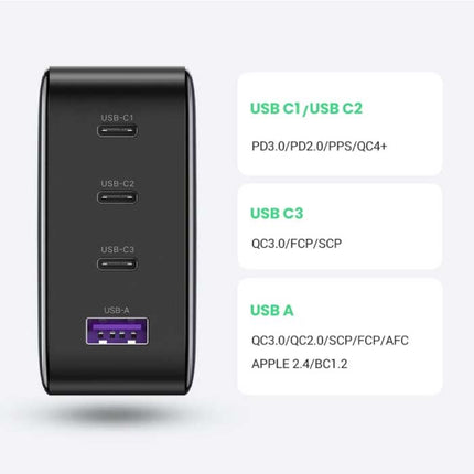 100W Stekkerlader en Oplaadkabel - Quad Port PD / Quick Charge 3.0 - GaN Power Delivery USB Fast Charge - Oplader Muur Wallcharger AC Thuislader Adapter Zwart