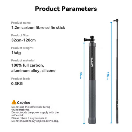 Koolstofvezel Selfie Stick 1,2 Meter - Intrekbare Vlog Statief Monopod Selfiestick - Zwart
