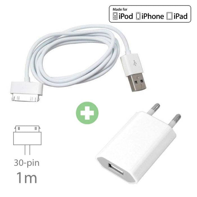 2 in 1 Oplaadset Oplaadkabel USB/Datakabel & Stekkerlader/Wallcharger 1 Meter voor iPhone 4/4S