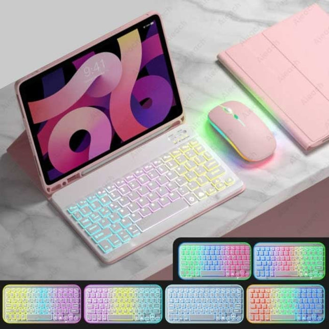 RGB Toetsenbord Hoes en Muis voor iPad 9.7" - QWERTY Multifunctionele Keyboard Bluetooth Smart Cover Case Hoesje Roze