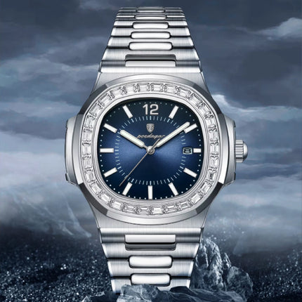 Luxe Vierkant Kwarts Horloge - 3 ATM Waterdicht Lichtgevend Herenhorloge Roestvrij Staal - Zilver Blauw