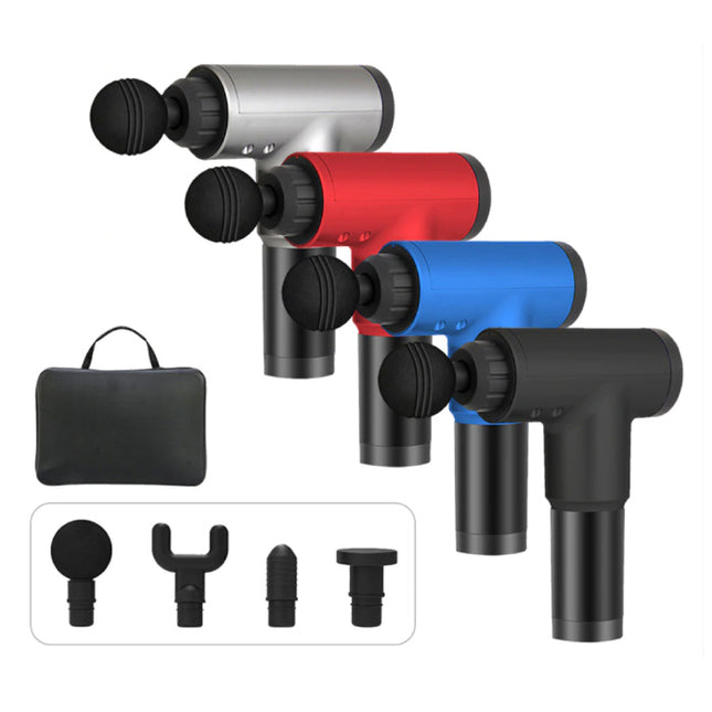 Professioneel Massage Apparaat Gun Inclusief Opbergtas - 4 Standen - 4 Koppen - Sport en Relax - Zilver