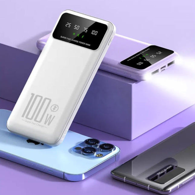 20.000mAh Powerbank met 3 Oplaadpoorten - LED Display & Ingebouwde Zaklamp - 100W Batterij Oplader Paars