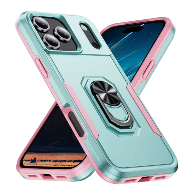 iPhone 17 - Militair Shockproof Hoesje met Kickstand - Grip Socket Magnetische Cover Case - Groen Roze