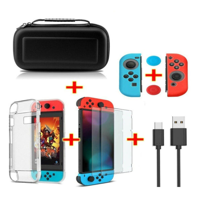 6 in 1 Kit voor Nintendo Switch - NS Opbergtas / Hoesje / Screenprotector / Kabel / Button Caps