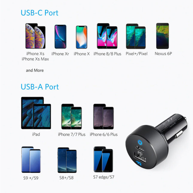 30W USB-C & USB Dual Port Autolader PowerIQ - Zwart