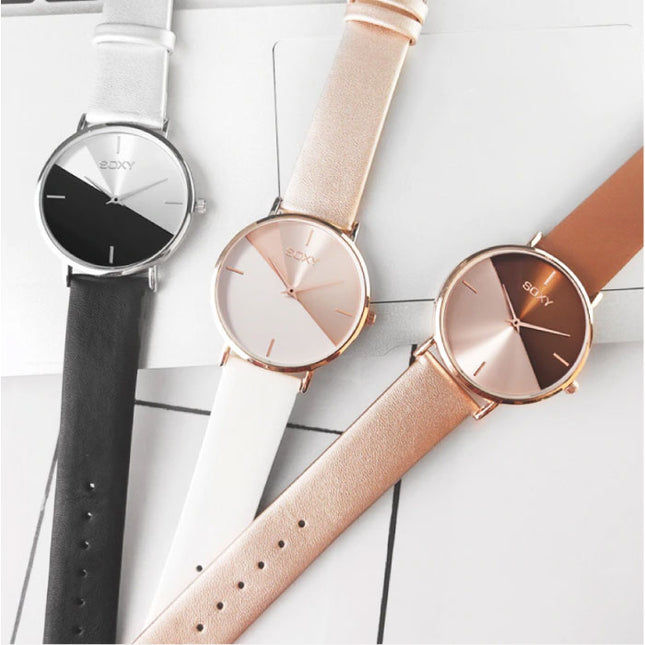 Minimalist Horloge voor Dames - Leren bandje - Anoloog Kwarts Uurwerk voor Vrouwen Zwart