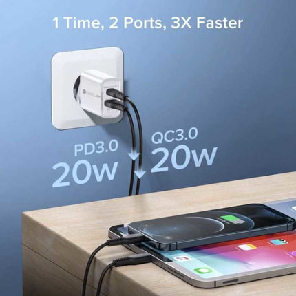 Dual Port Stekkerlader - PD / Quick Charge 3.0 - 20W Power Delivery USB Fast Charge - Oplader Muur Wallcharger AC Thuislader Adapter Zwart
