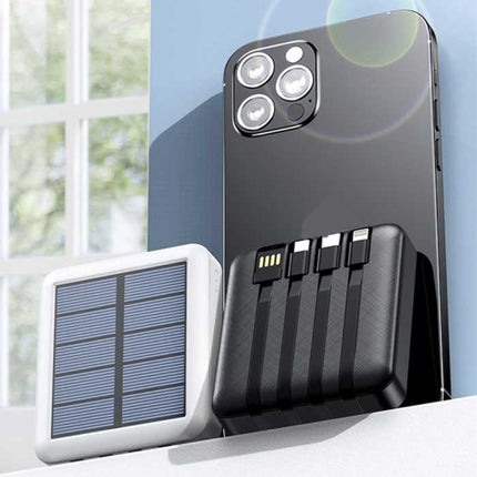 Universele 20.000mAh Mini Solar Powerbank - 4 Types Oplaadkabel - Ingebouwde Zaklamp - Externe Noodaccu Batterij Oplader Charger Zwart