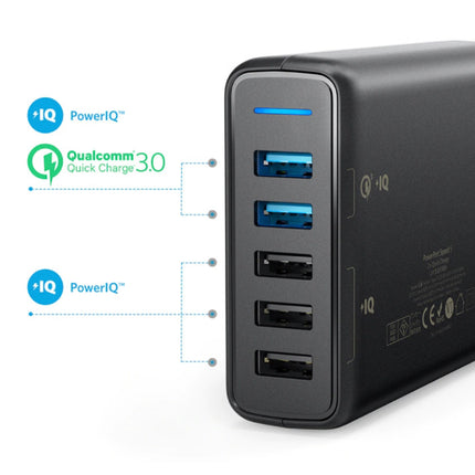 5-Port Muur Oplader - PowerIQ Wallcharger AC Thuislader Stekkerlader Adapter Zwart