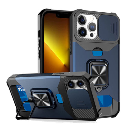iPhone SE (2022) - Card Slot Hoesje met Kickstand en Camera Slide - Grip Socket Magnetische Cover Case Blauw