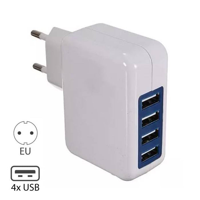 4x Quad Poort USB iPhone/Android 5V - 4A Muur Oplader Wallcharger AC Thuis Wit